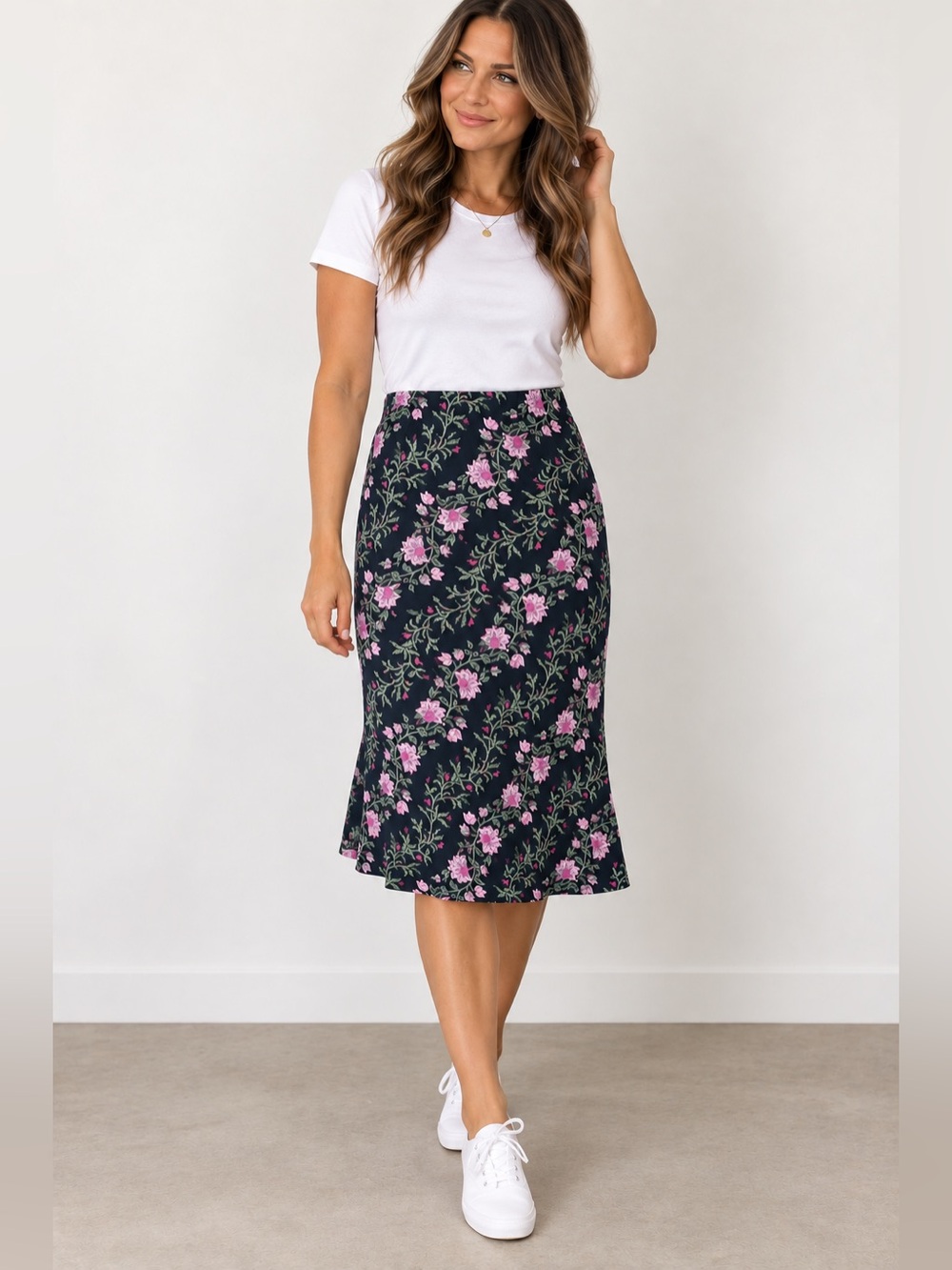 J.Crew Floral Midi Skirt XS Navy Pink Green Elastic Waist